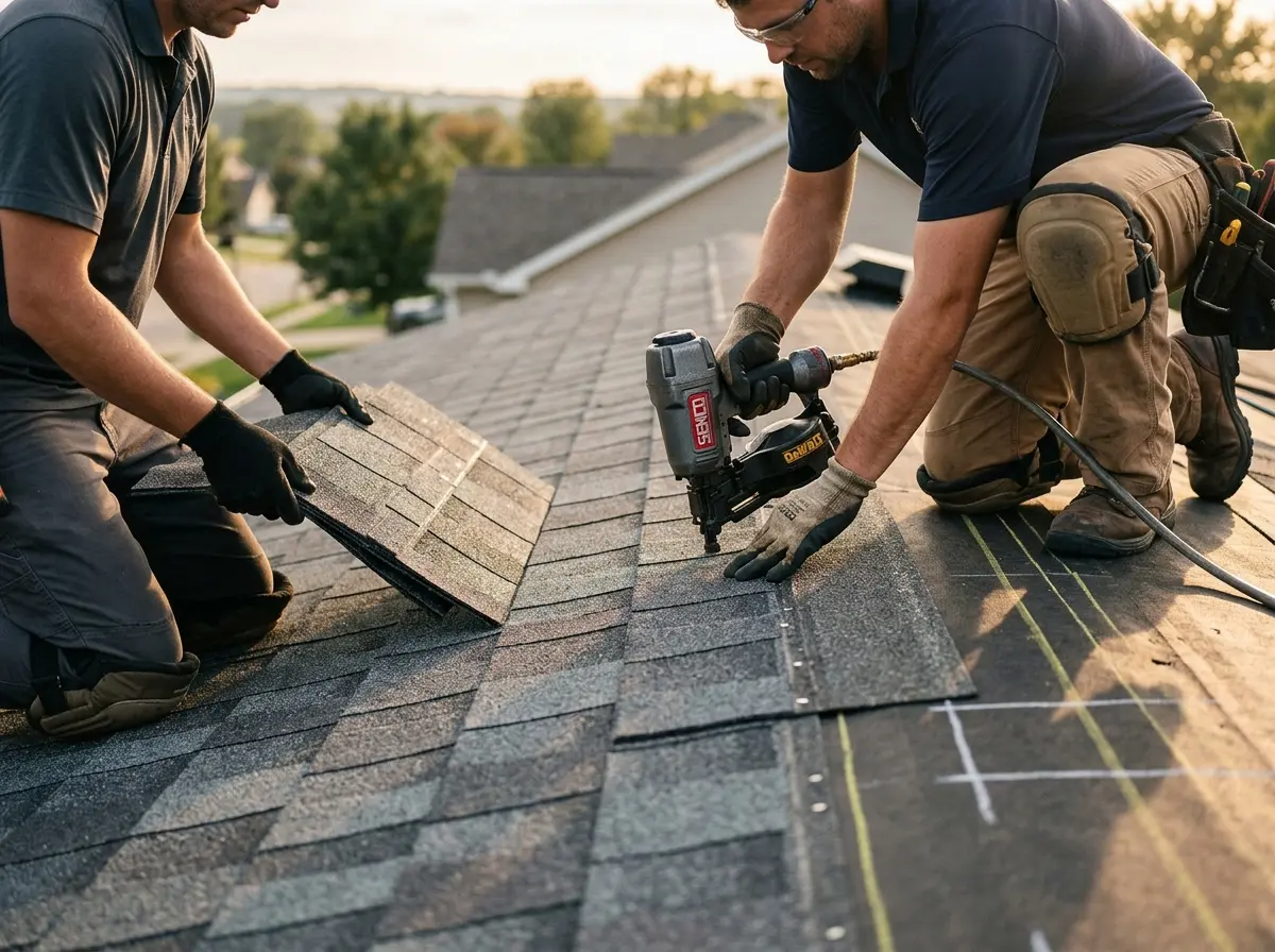 Professional roofer working on a residential roof in Topeka
